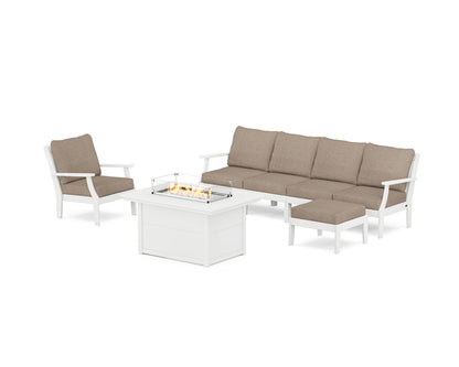POLYWOOD® Braxton Sectional Lounge and Fire Pit Set in White / Spiced Burlap