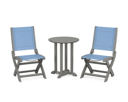 POLYWOOD® Coastal Folding Side Chair 3-Piece Round Bistro Dining Set in Slate Grey / Poolside Sling