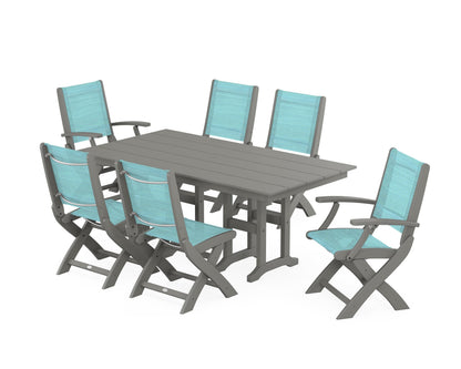 POLYWOOD® Coastal Folding Chair 7-Piece Farmhouse Dining Set in Slate Grey / Dupioni Aquamarine Sling