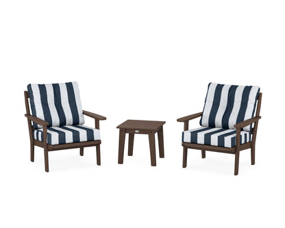 POLYWOOD® Mission 3-Piece Deep Seating Set in Mahogany / Cabana Stripe Marine Indigo