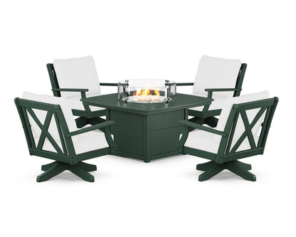 POLYWOOD® Braxton 5-Piece Deep Seating Swivel Conversation Set with Fire Pit Table in Green / Natural