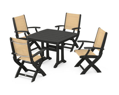 POLYWOOD® Coastal Folding Chair 5-Piece Dining Set with Trestle Legs in Black / Dupioni Apricot Sling