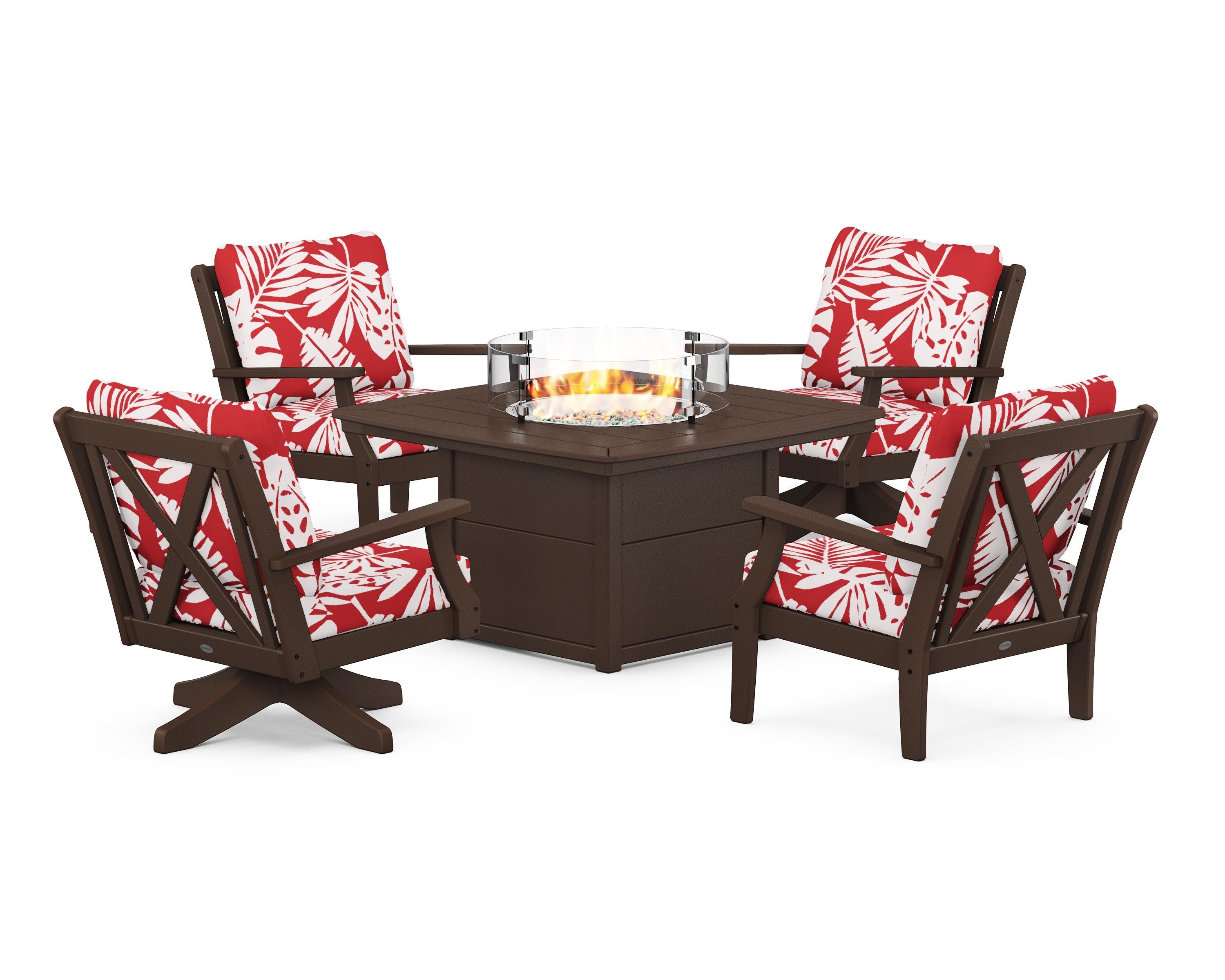 POLYWOOD® Braxton 5-Piece Deep Seating Set with Fire Table in Mahogany / Leaf Crimson