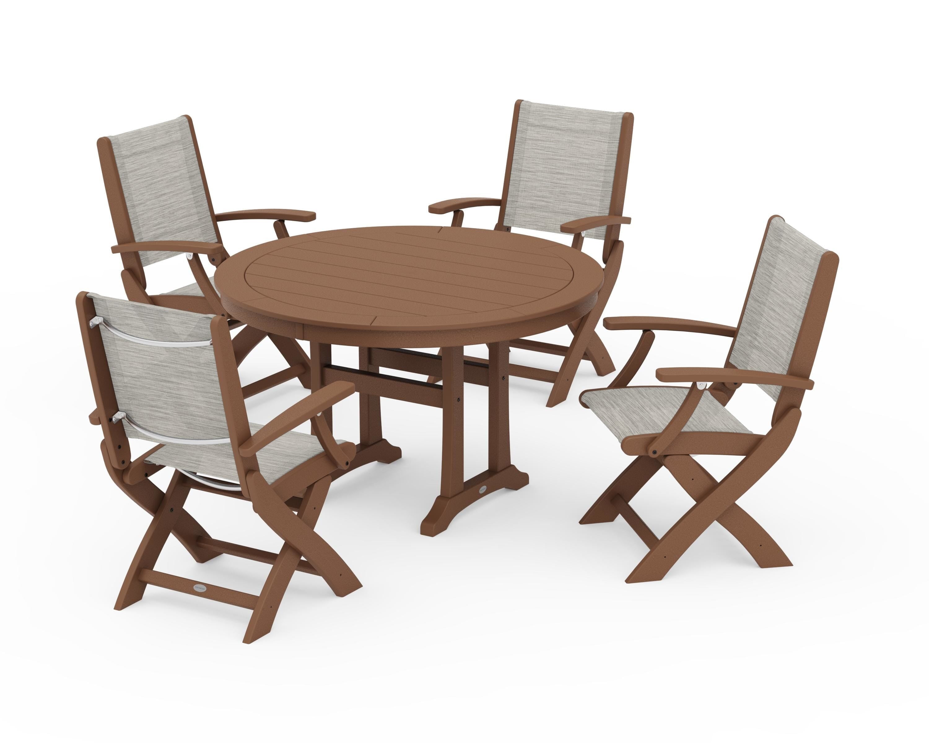 POLYWOOD® Coastal Folding Chair 5-Piece Round Dining Set with Trestle Legs in Teak / Birch Sling