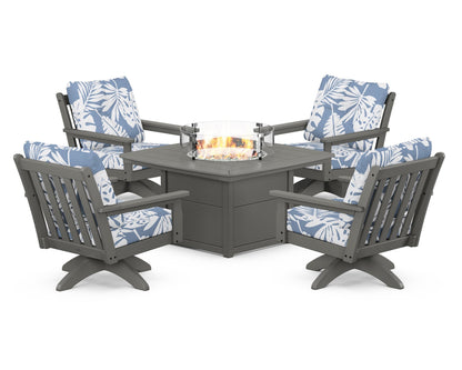 POLYWOOD® Vineyard 5-Piece Deep Seating Swivel Conversation Set with Fire Pit Table in Slate Grey / Leaf Sky Blue