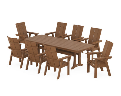POLYWOOD® Modern Curveback Adirondack 9-Piece Dining Set with Trestle Legs in Teak