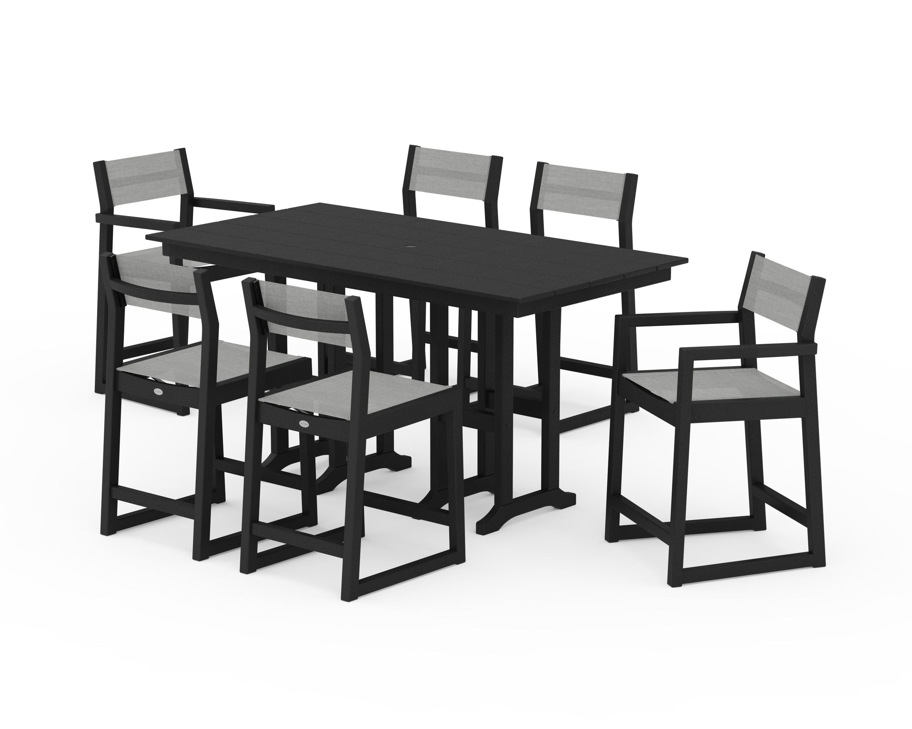 POLYWOOD® EDGE Sling 7-Piece Farmhouse Counter Set in Black / Metallic Sling