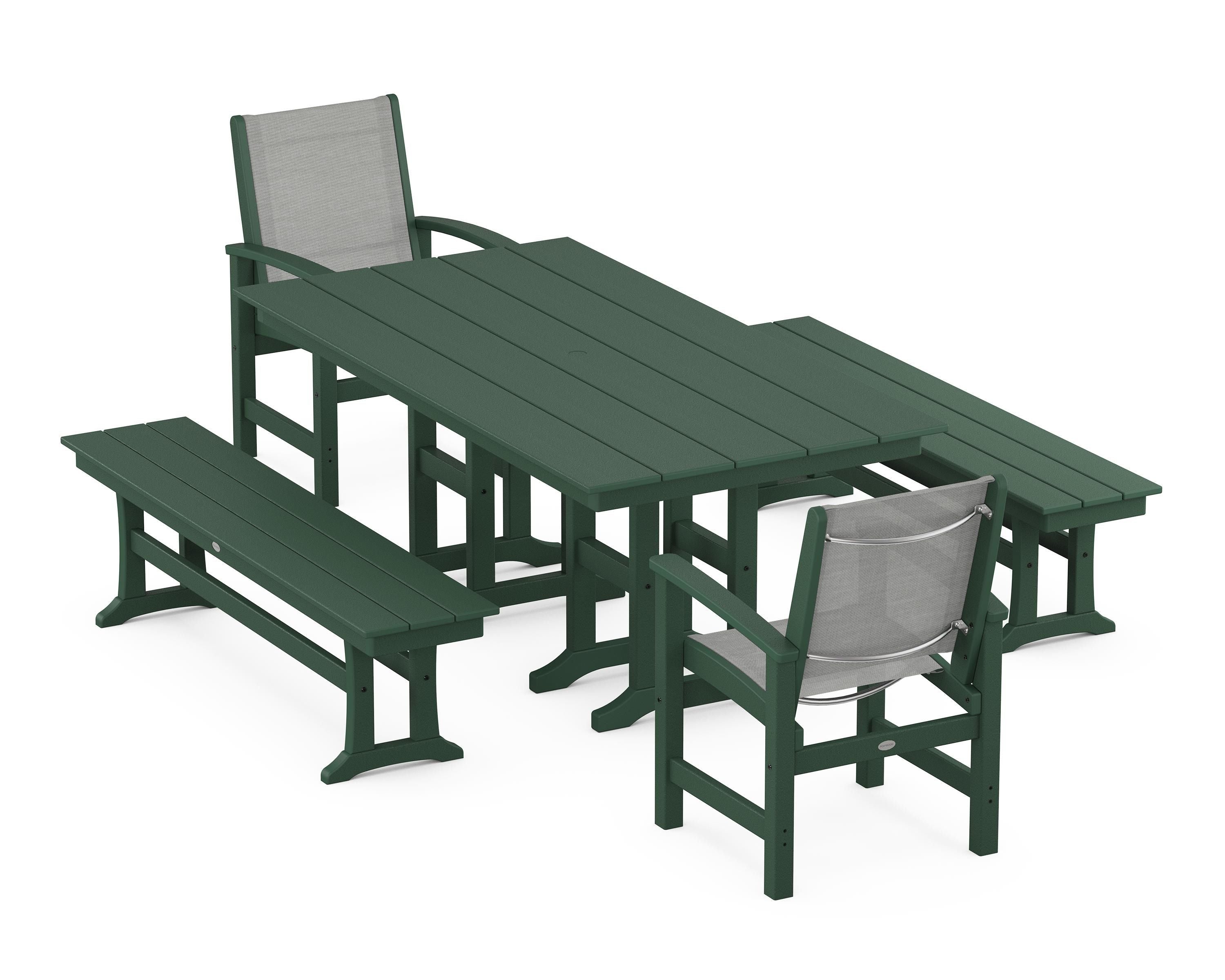 POLYWOOD® Coastal 5-Piece Farmhouse Dining Set in Green / Metallic Sling