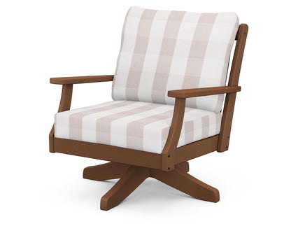POLYWOOD® Braxton Deep Seating Swivel Chair in Teak / Buffalo Plaid Dune Burlap