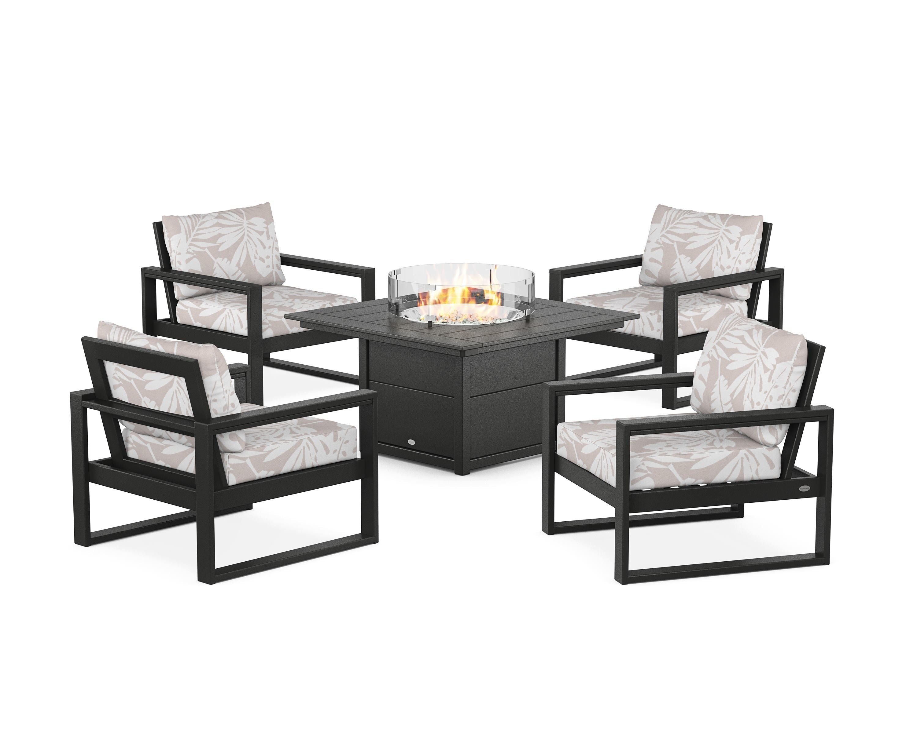 POLYWOOD® EDGE Sectional 5-Piece Deep Seating Set with Fire Pit Table in Black / Leaf Dune Burlap