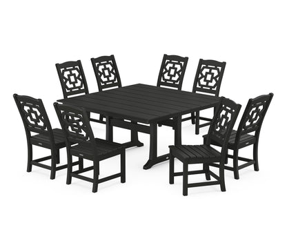 Martha Stewart by POLYWOOD® Chinoiserie 9-Piece Square Farmhouse Side Chair Dining Set with Trestle Legs in Black
