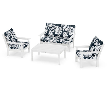POLYWOOD® Vineyard 4-Piece Deep Seating Set in White / Leaf Marine Indigo