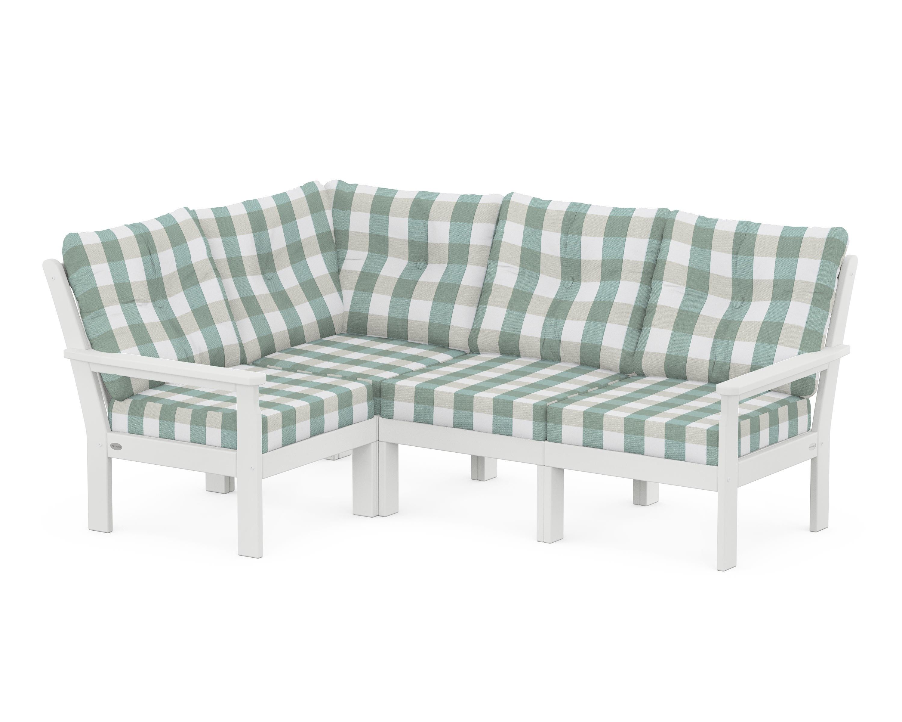POLYWOOD® Vineyard 4-Piece Sectional in White / Buffalo Plaid Glacier Spa