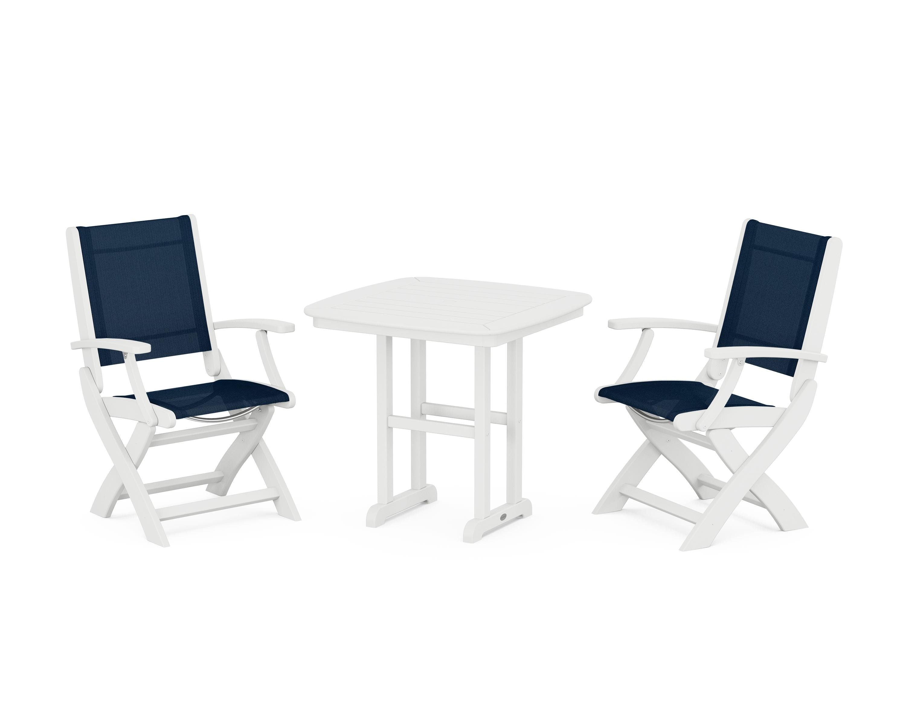 POLYWOOD® Coastal Folding Chair 3-Piece Dining Set in White / Navy Blue Sling