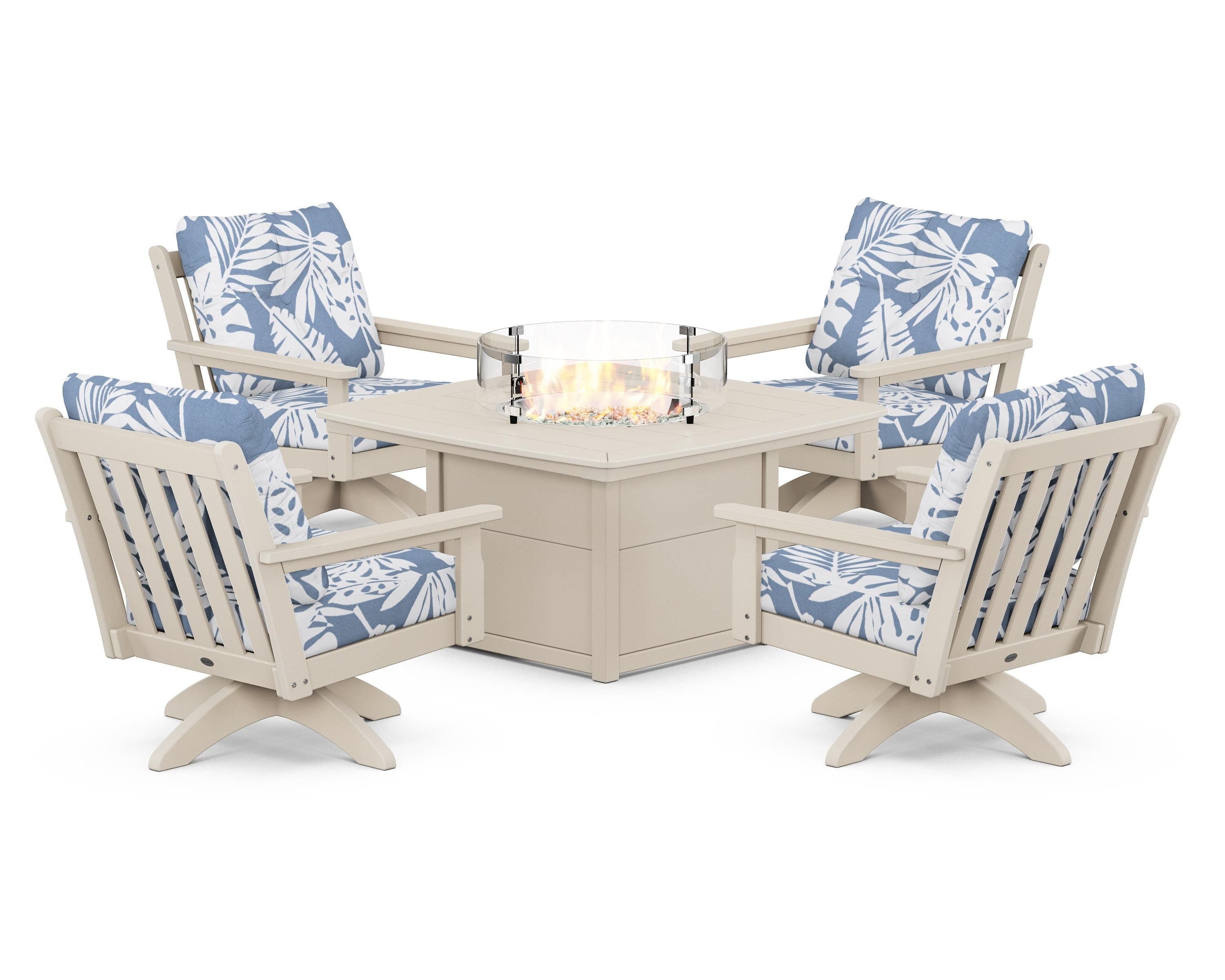 POLYWOOD® Vineyard 5-Piece Deep Seating Swivel Conversation Set with Fire Pit Table in Sand / Leaf Sky Blue