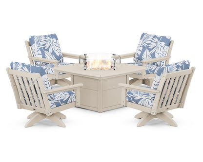 POLYWOOD® Vineyard 5-Piece Deep Seating Swivel Conversation Set with Fire Pit Table in Sand / Leaf Sky Blue