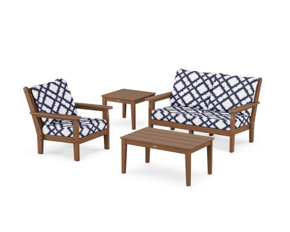 POLYWOOD® Chippendale 4-Piece Deep Seating Set in Teak / Trellis Navy