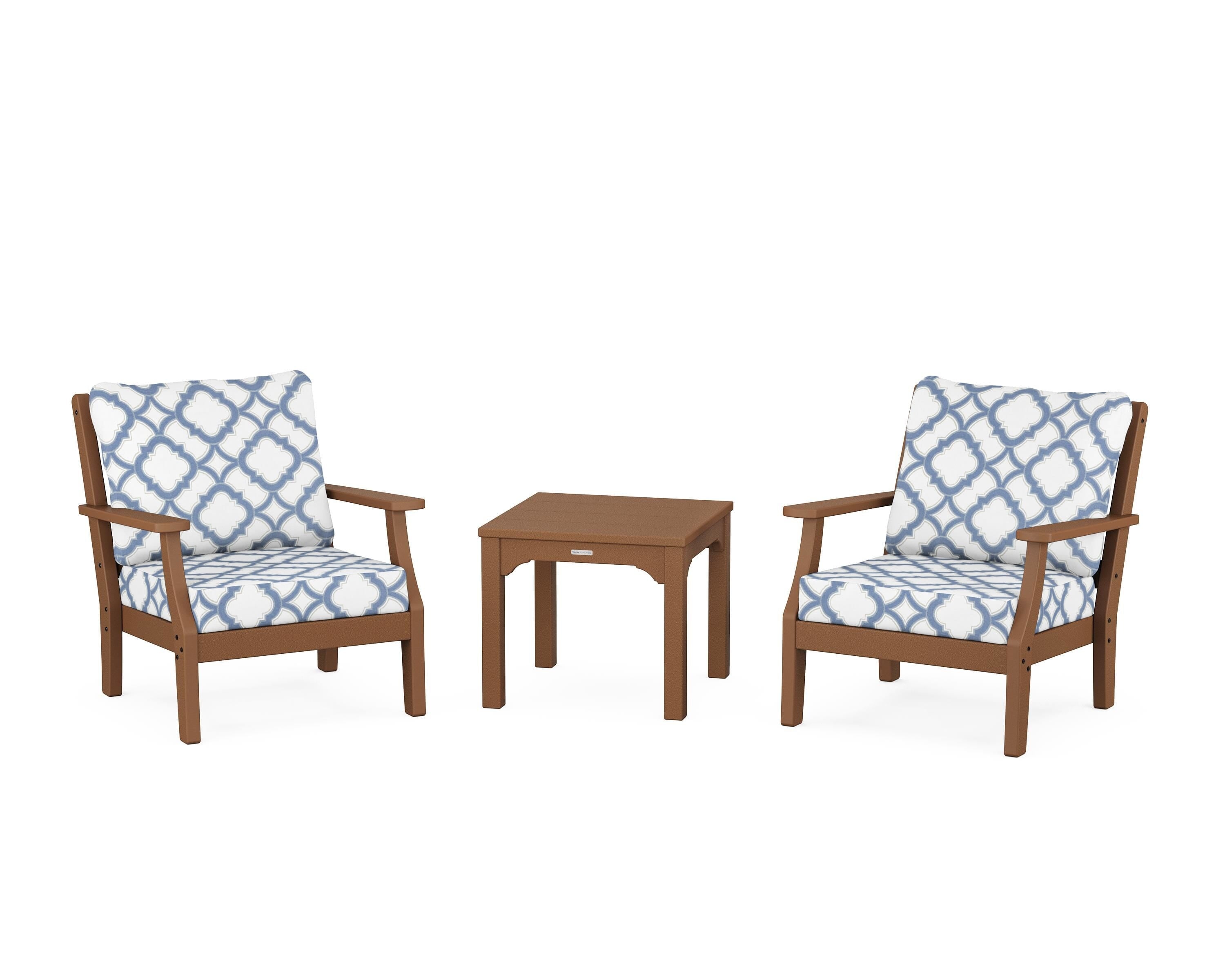 Martha Stewart by POLYWOOD® Chinoiserie 3-Piece Deep Seating Set in Teak / Trellis Sky Blue