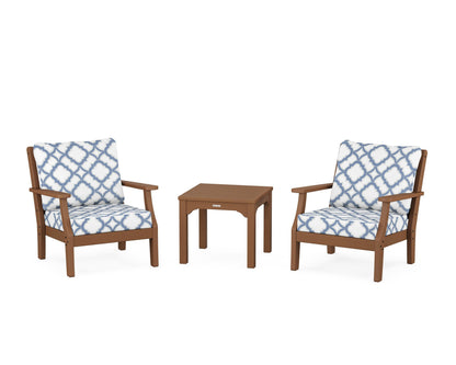 Martha Stewart by POLYWOOD® Chinoiserie 3-Piece Deep Seating Set in Teak / Trellis Sky Blue