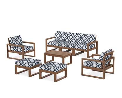 POLYWOOD® EDGE Sectional 8-Piece Lounge Sofa Set in Teak / Trellis Marine Indigo