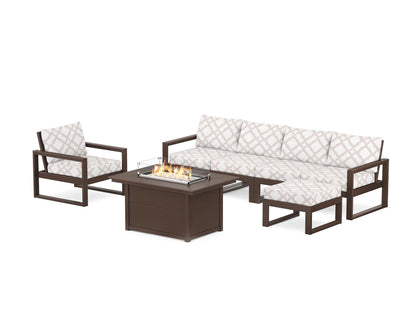 POLYWOOD® EDGE Sectional Lounge and Fire Pit Set in Mahogany / Trellis Dune Burlap
