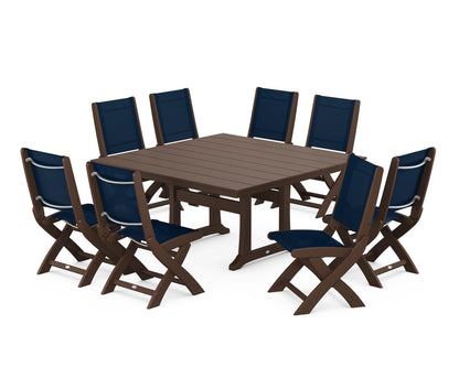 POLYWOOD® Coastal Folding Side Chair 9-Piece Farmhouse Dining Set in Mahogany / Navy Blue Sling