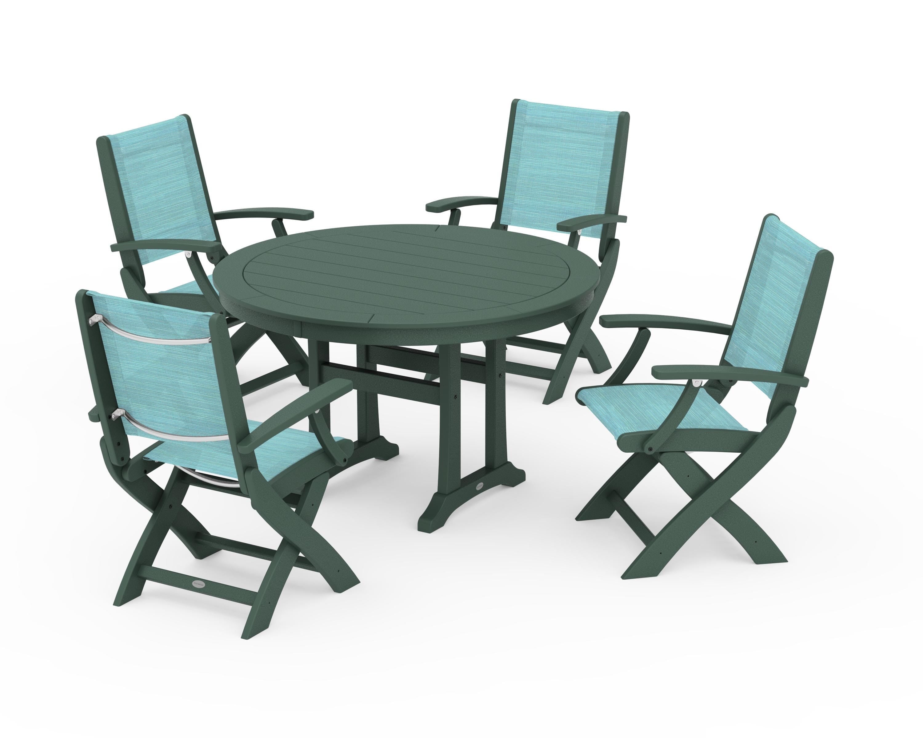 POLYWOOD® Coastal Folding Chair 5-Piece Round Dining Set with Trestle Legs in Green / Dupioni Aquamarine Sling