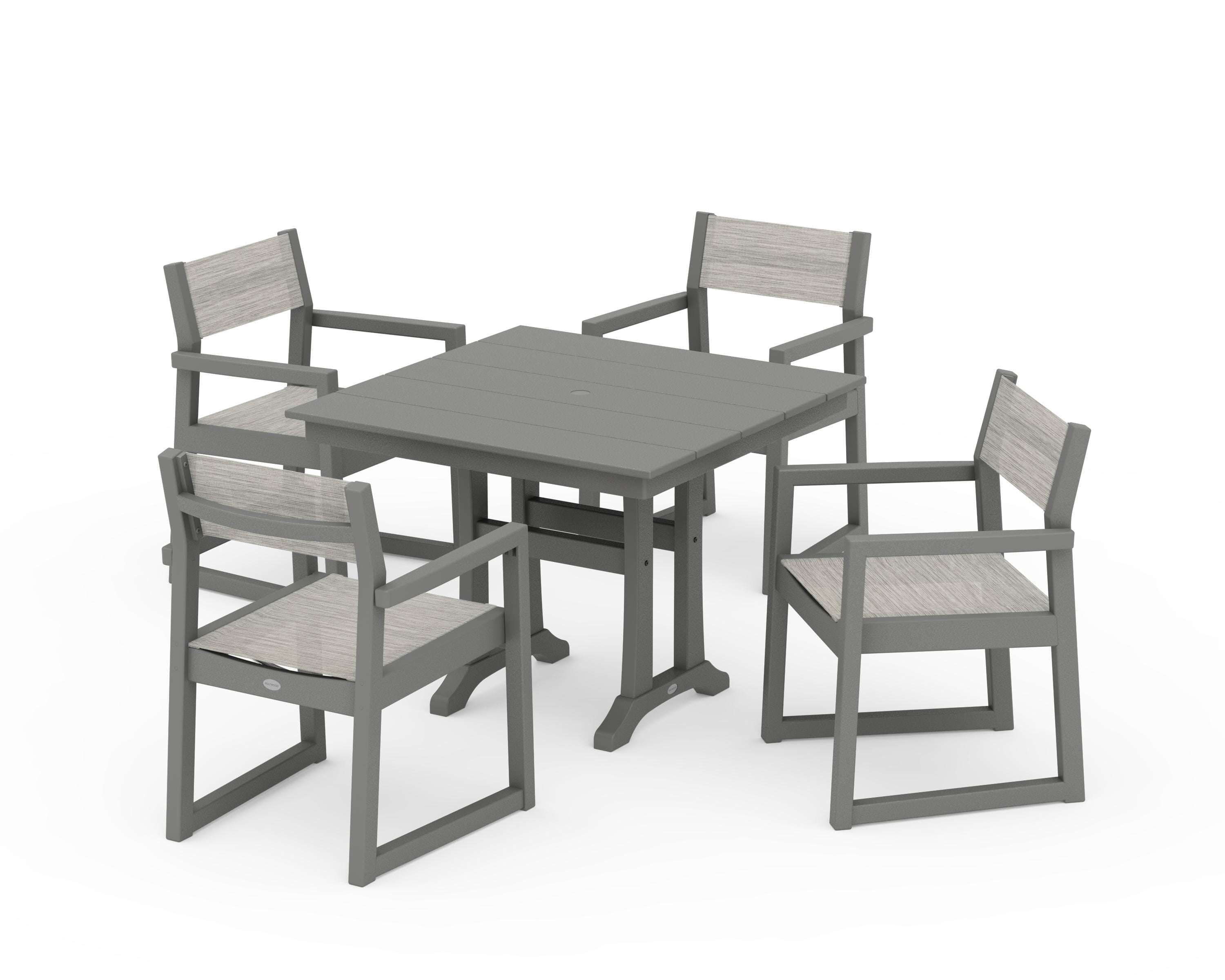 POLYWOOD® EDGE Sling 5-Piece Farmhouse Dining Set with Trestle Legs in Slate Grey / Birch Sling
