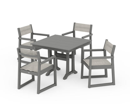 POLYWOOD® EDGE Sling 5-Piece Farmhouse Dining Set with Trestle Legs in Slate Grey / Birch Sling