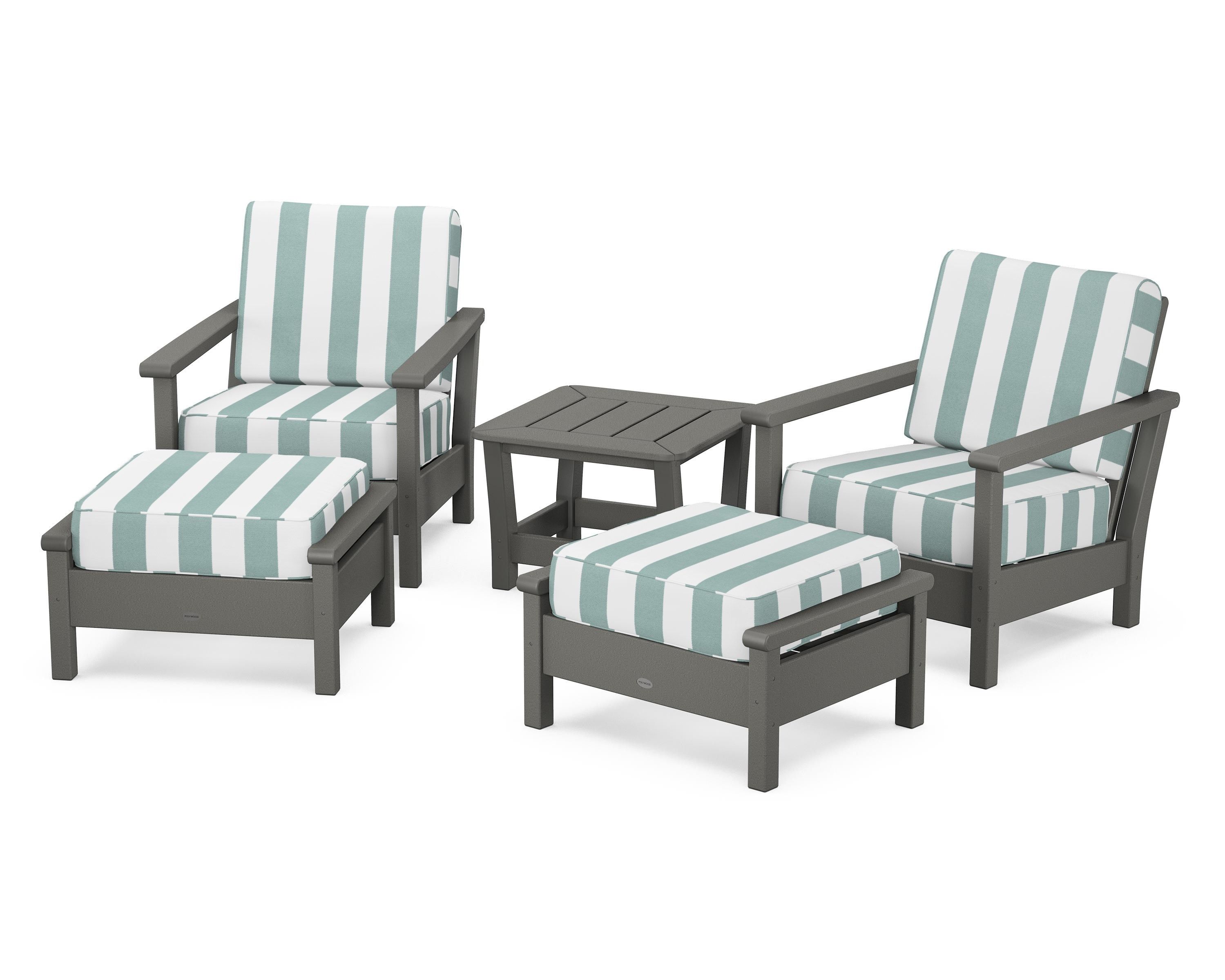 POLYWOOD® Harbour 5-Piece Deep Seating Chair Set in Slate Grey / Cabana Stripe Glacier Spa