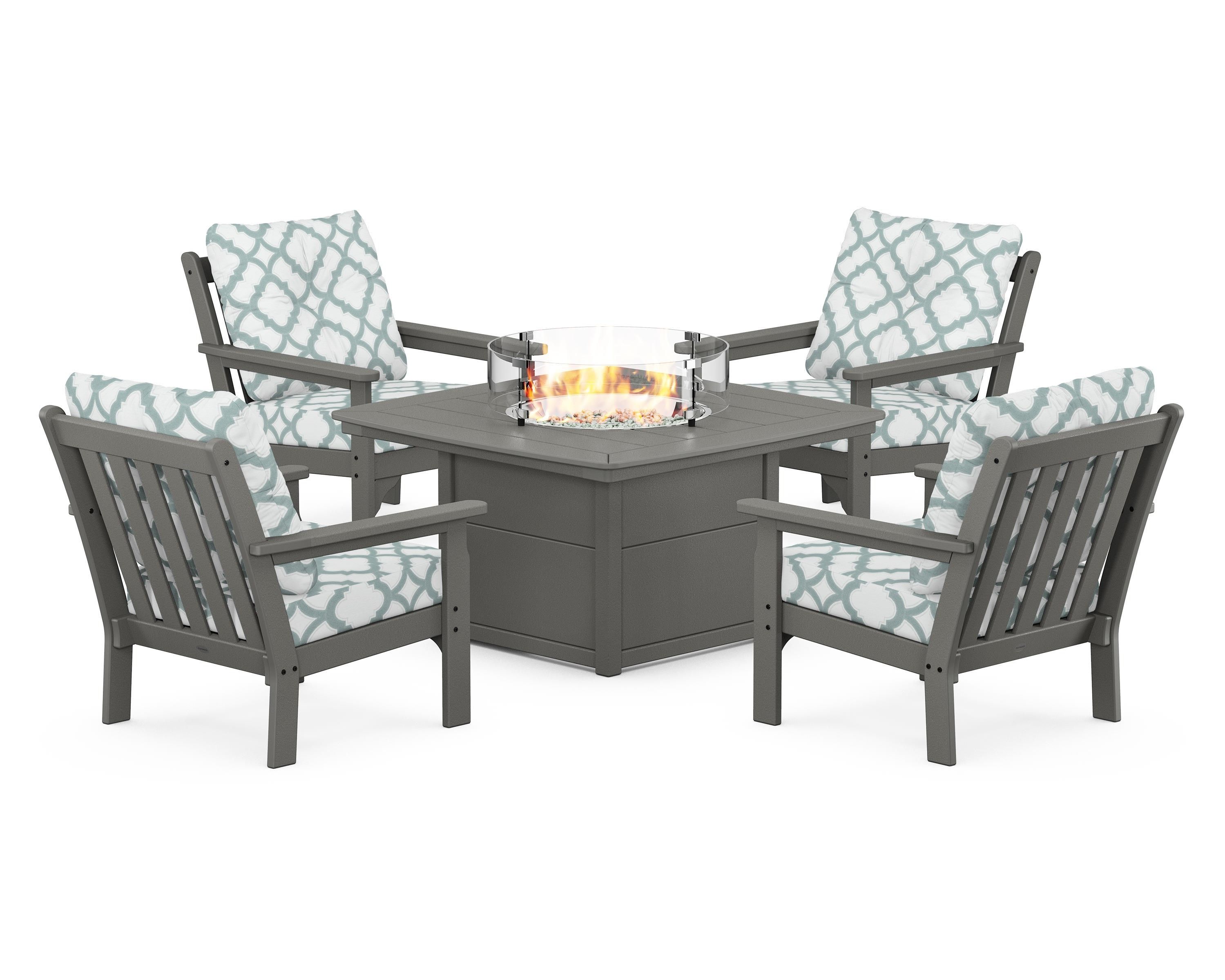 POLYWOOD® Vineyard 5-Piece Conversation Set with Fire Pit Table in Slate Grey / Trellis Glacier Spa