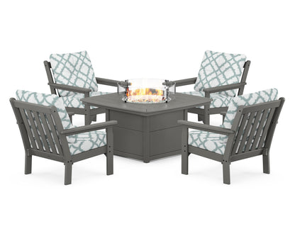 POLYWOOD® Vineyard 5-Piece Conversation Set with Fire Pit Table in Slate Grey / Trellis Glacier Spa