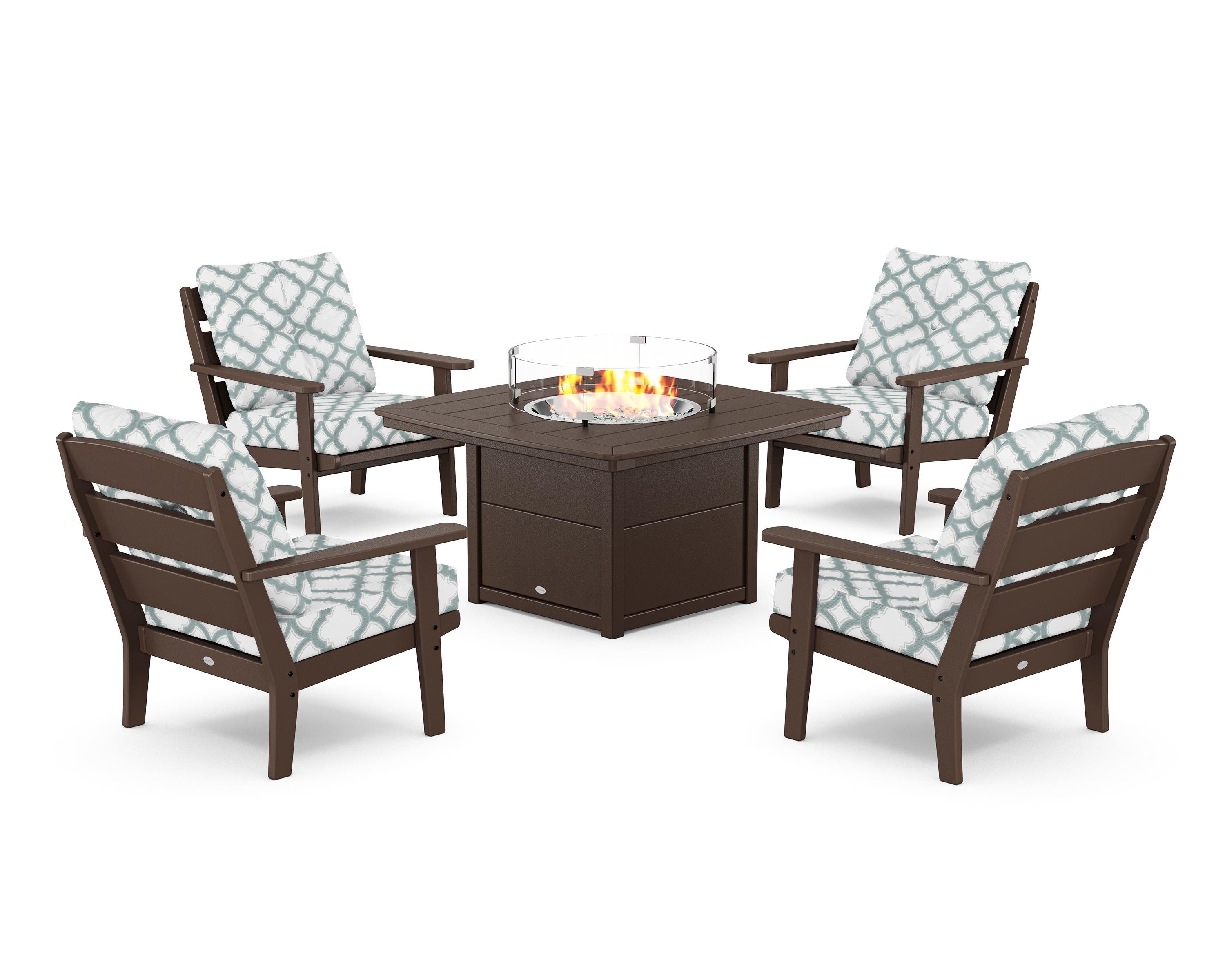 POLYWOOD® Lakeside 5-Piece Deep Seating Set with Nautical Fire Pit Table in Mahogany / Trellis Glacier Spa