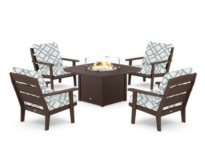 POLYWOOD® Lakeside 5-Piece Deep Seating Set with Nautical Fire Pit Table in Mahogany / Trellis Glacier Spa