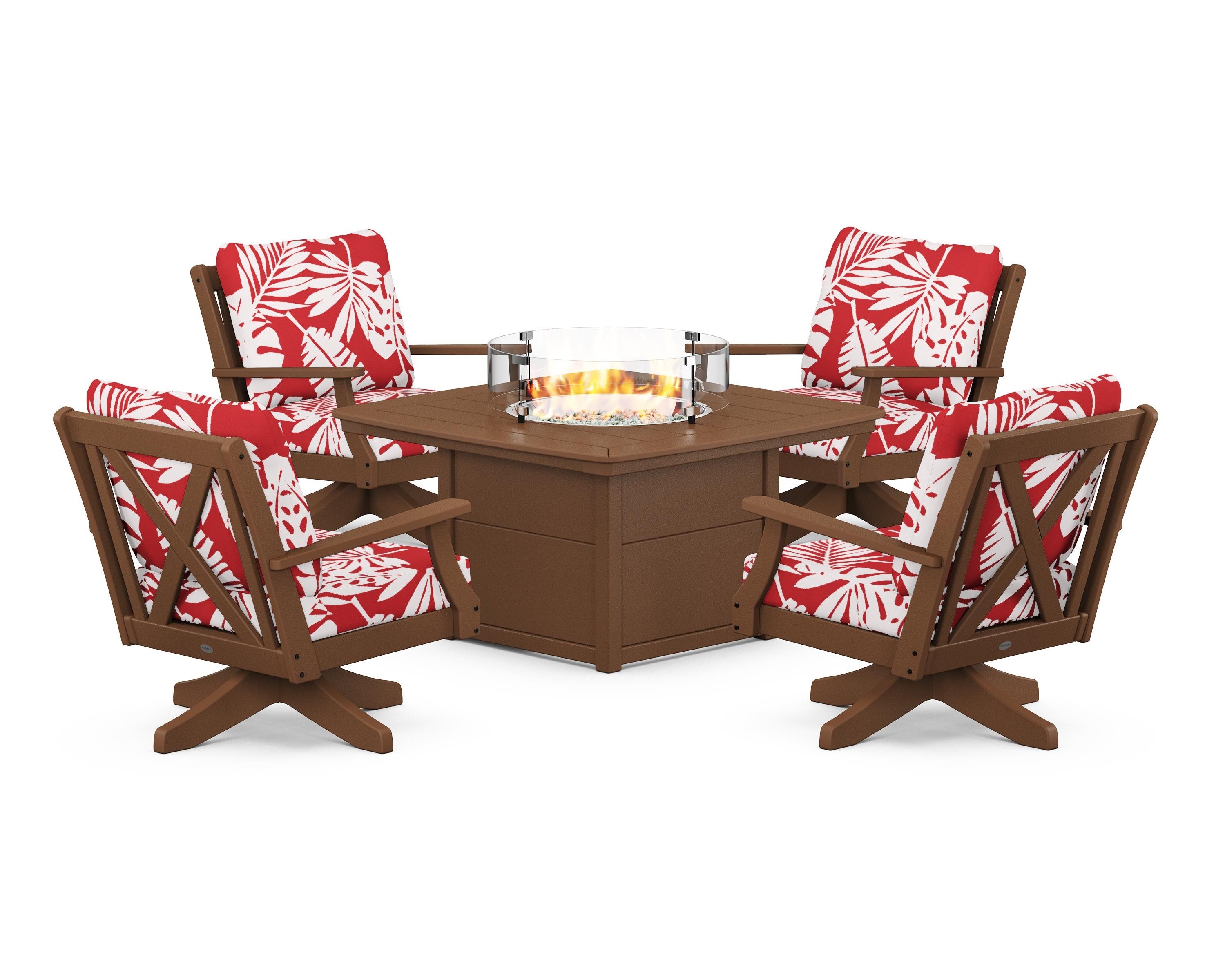 POLYWOOD® Braxton 5-Piece Deep Seating Swivel Conversation Set with Fire Pit Table in Teak / Leaf Crimson