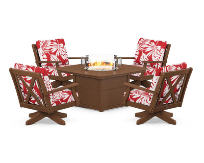 POLYWOOD® Braxton 5-Piece Deep Seating Swivel Conversation Set with Fire Pit Table in Teak / Leaf Crimson