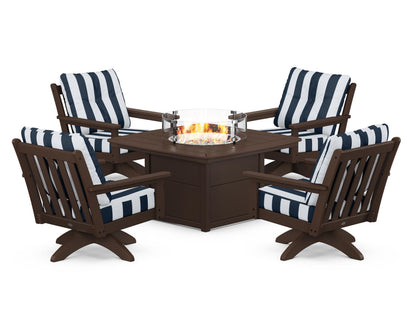 POLYWOOD® Vineyard 5-Piece Deep Seating Swivel Conversation Set with Fire Pit Table in Mahogany / Cabana Stripe Marine Indigo