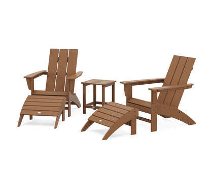 POLYWOOD® Modern Adirondack Chair 5-Piece Set with Ottomans and 18" Side Table in Teak