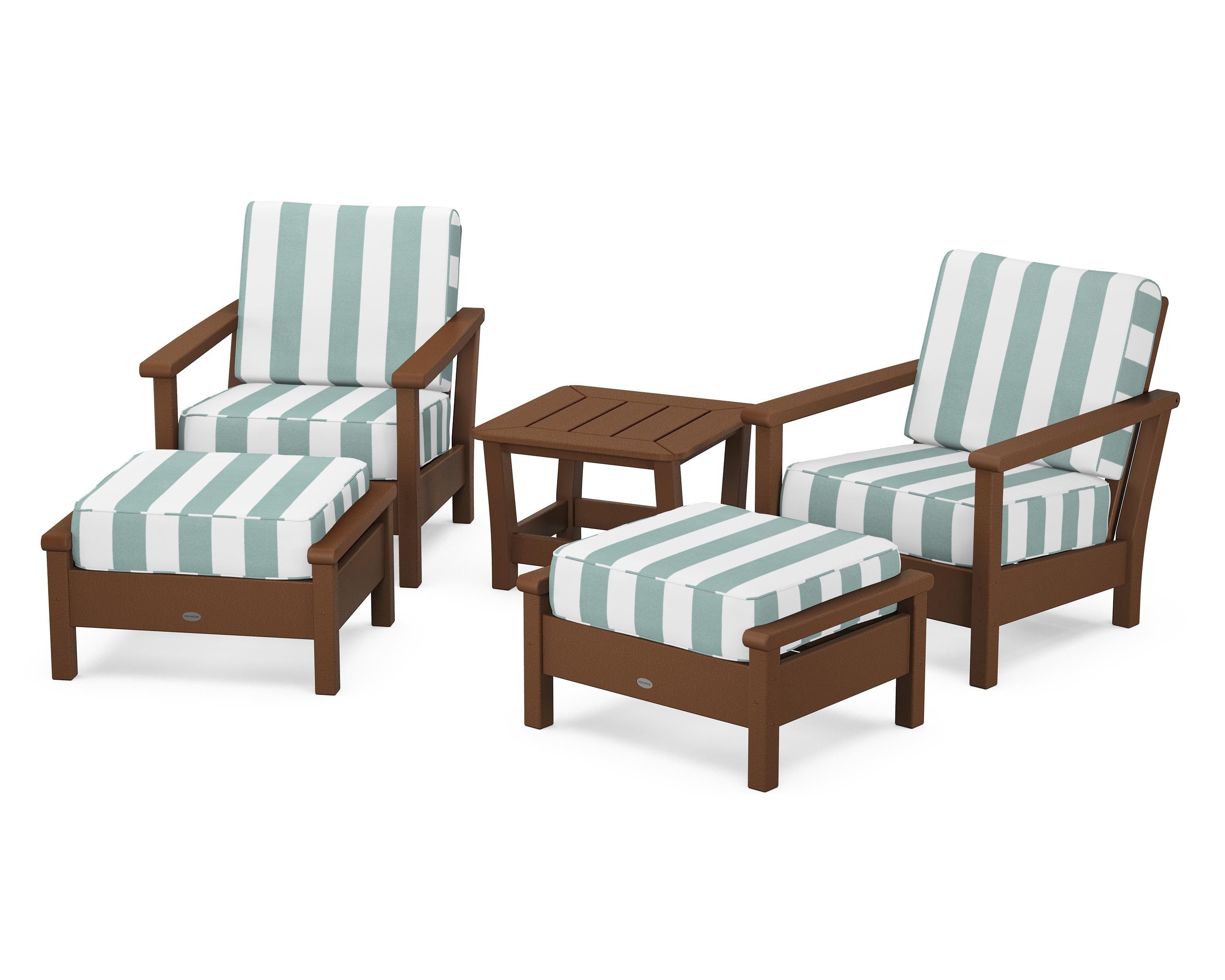 POLYWOOD® Harbour 5-Piece Deep Seating Chair Set in Teak / Cabana Stripe Glacier Spa