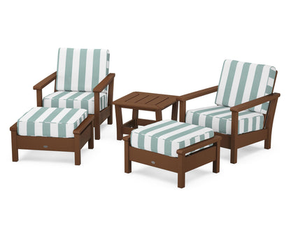 POLYWOOD® Harbour 5-Piece Deep Seating Chair Set in Teak / Cabana Stripe Glacier Spa
