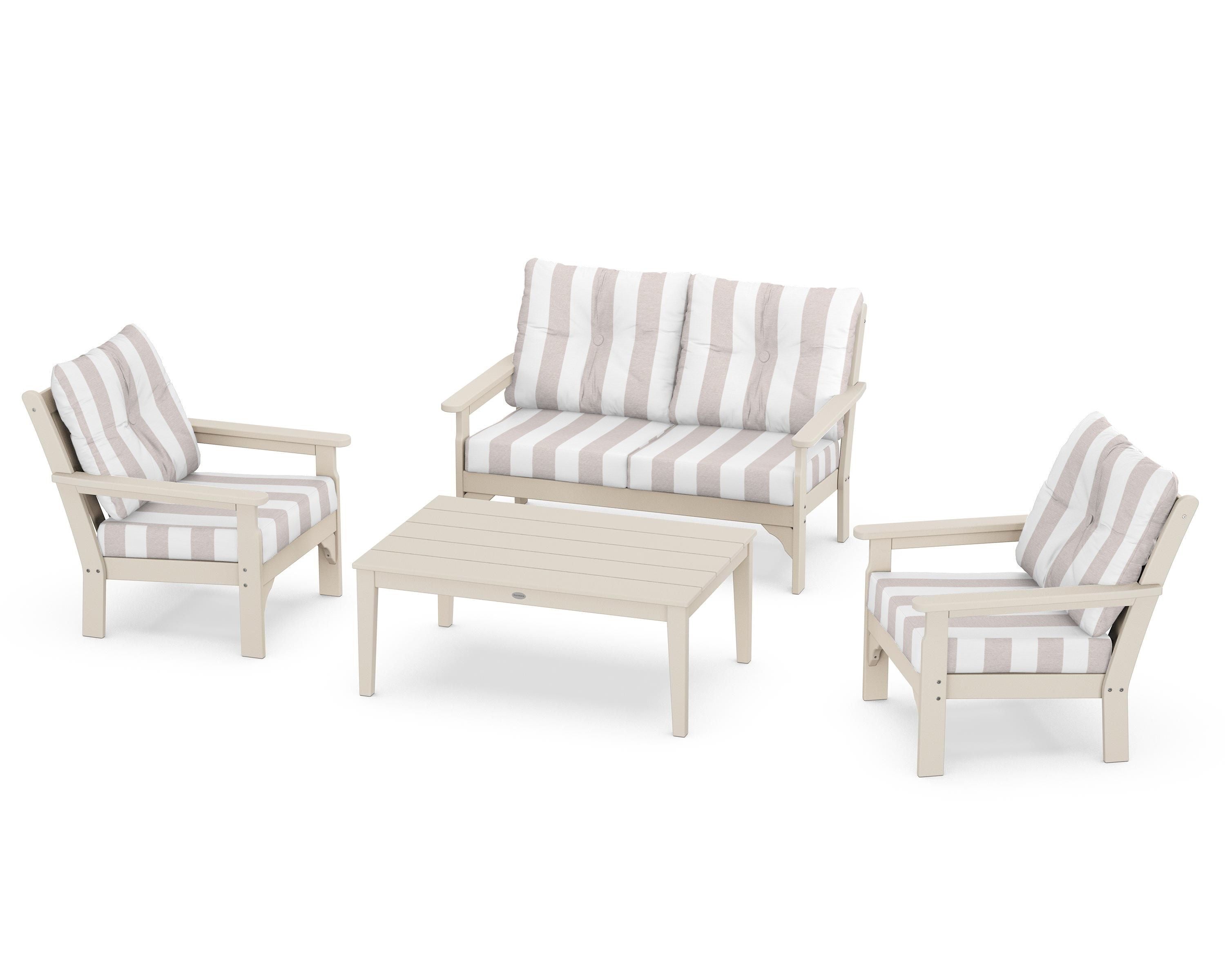 POLYWOOD® Vineyard 4-Piece Deep Seating Set in Sand / Cabana Stripe Dune Burlap