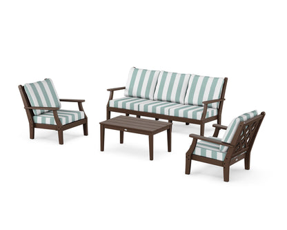 Country Living Wovendale 4-Piece Deep Seating Set with Sofa in Mahogany / Cabana Stripe Glacier Spa