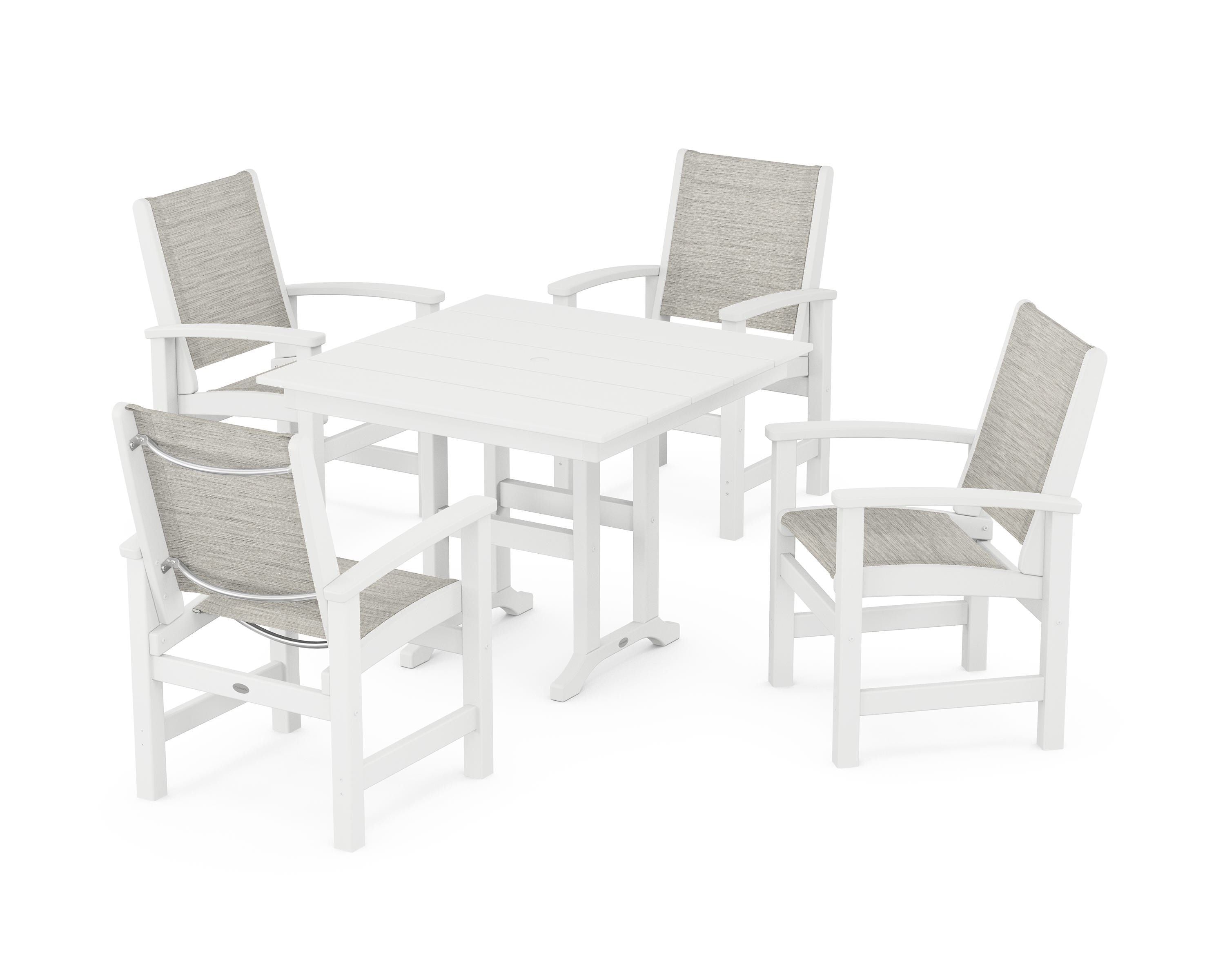 POLYWOOD® Coastal 5-Piece Farmhouse Dining Set in White / Birch Sling
