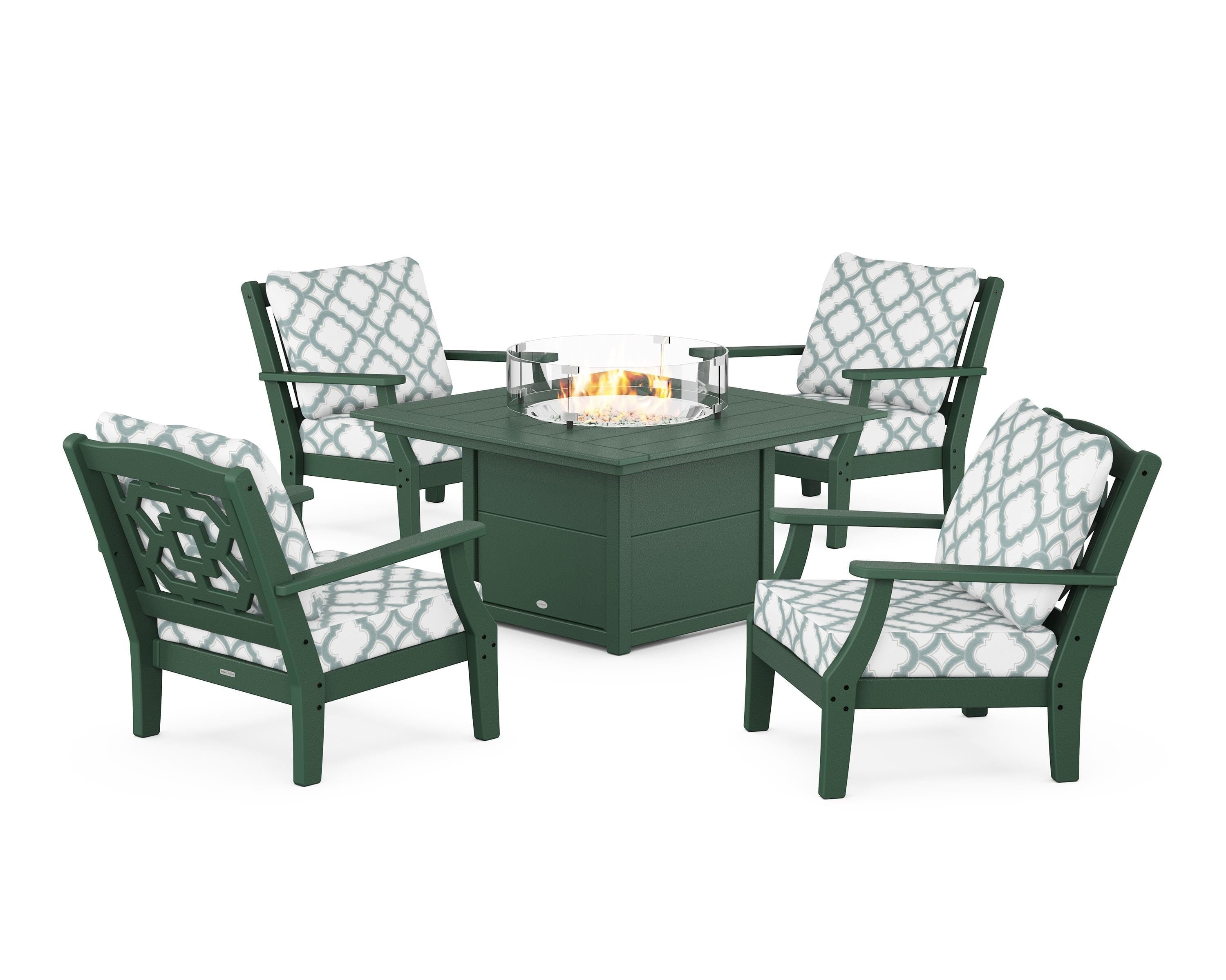 Martha Stewart by POLYWOOD® Chinoiserie 5-Piece Deep Seating Set with Fire Pit Table in Green / Trellis Glacier Spa