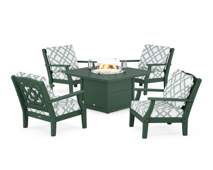 Martha Stewart by POLYWOOD® Chinoiserie 5-Piece Deep Seating Set with Fire Pit Table in Green / Trellis Glacier Spa