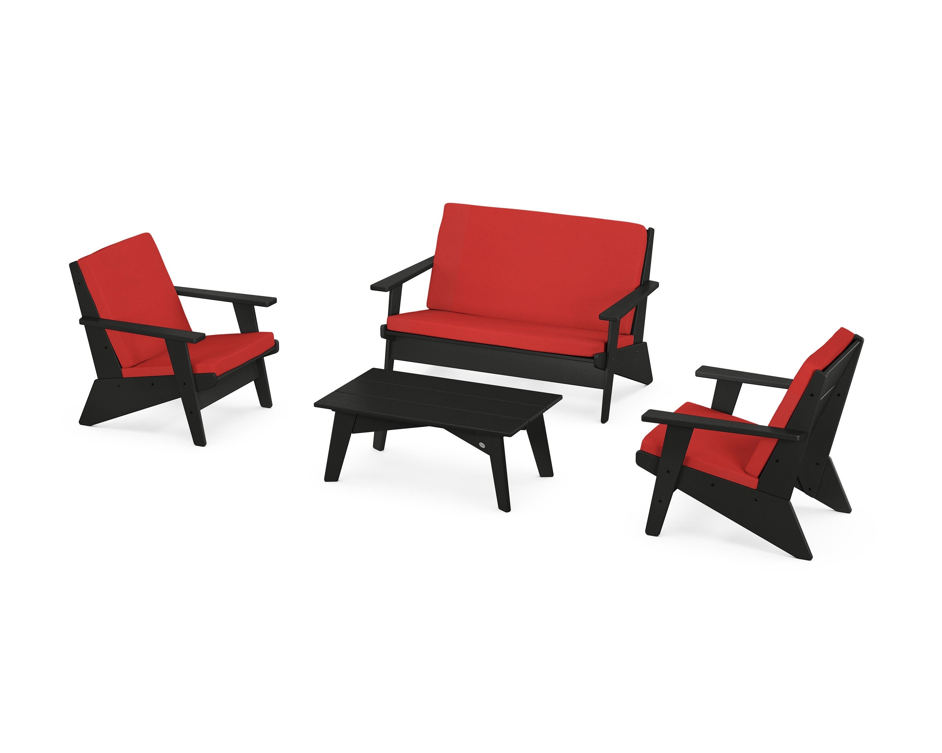 POLYWOOD® Riviera Modern Lounge 4-Piece Set in Black / Crimson Linen