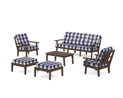 POLYWOOD® Prairie 6-Piece Lounge Sofa Set in Mahogany / Buffalo Plaid Navy