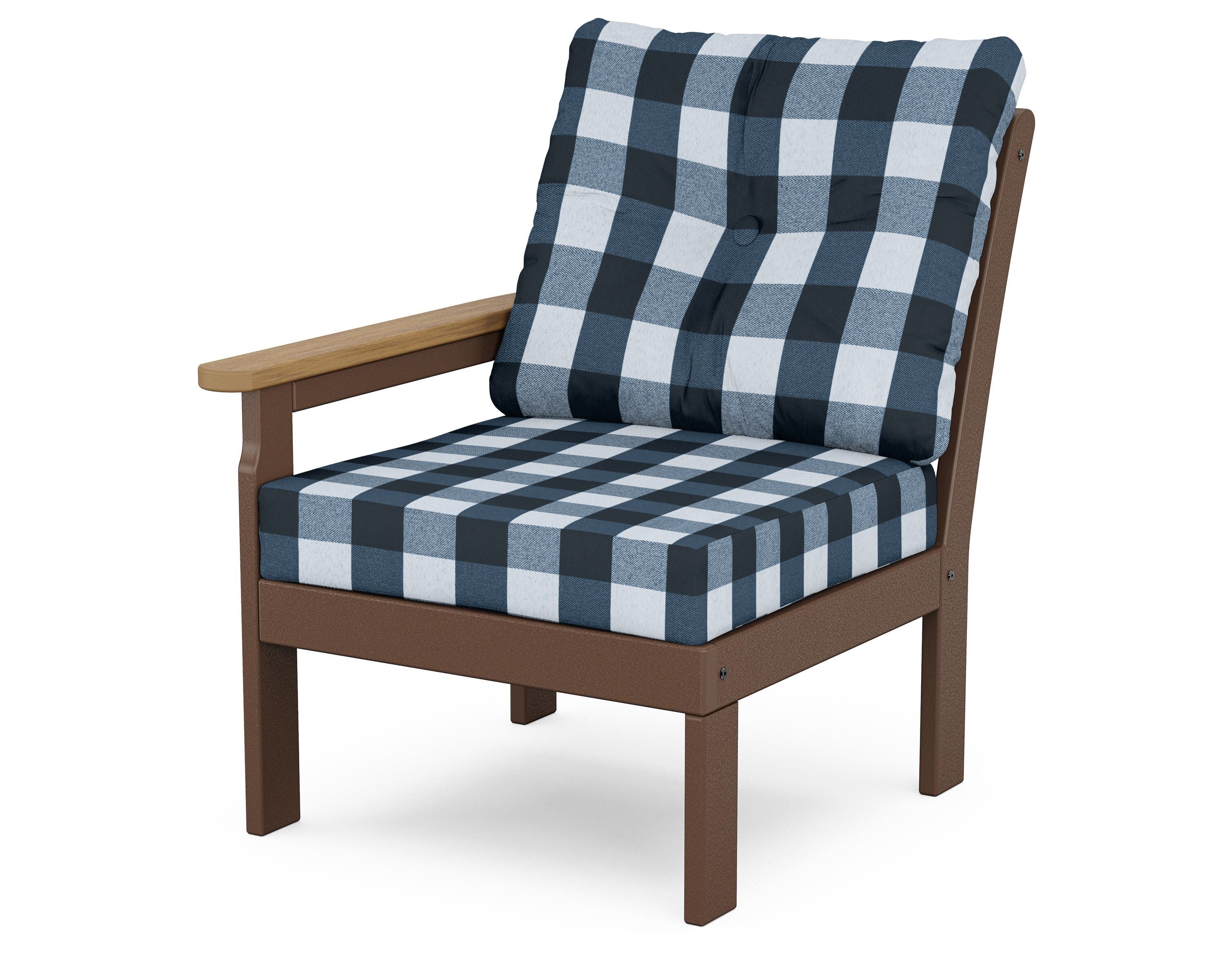 POLYWOOD® Vineyard Modular Left Arm Chair in Mahogany / Natural / Buffalo Plaid Marine Indigo