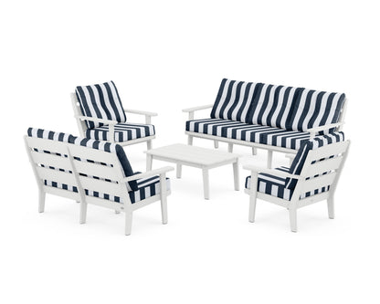POLYWOOD® Lakeside 5-Piece Lounge Sofa Set in White / Cabana Stripe Marine Indigo