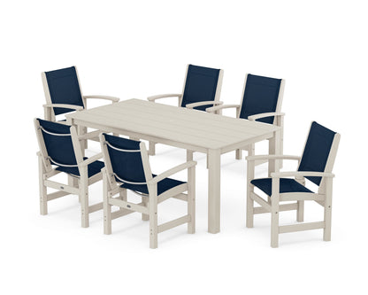 POLYWOOD® Coastal 7-Piece Parsons Dining Set in Sand / Navy Blue Sling